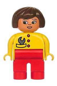 Duplo Figure, Female, Red Legs, Yellow Top with Red Buttons & Wrench in Pocket, Brown Hair, Turned Down Nose 4555pb121