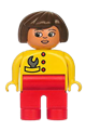 Duplo Figure, Female, Red Legs, Yellow Top with Red Buttons & Wrench in Pocket, Brown Hair, Turned Down Nose - 4555pb121