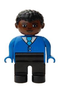 Duplo Figure, Male, Black Legs, Blue Top with Buttons and Tie, Black Curly Hair, Brown Head 4555pb122