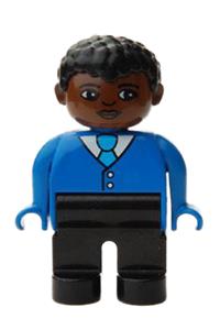 Duplo Male - Male Duplo figure with black legs, blue top with buttons and tie, black curly hair, and brown head - 4555pb122