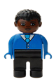 Male Duplo figure with black legs, blue top with buttons and tie, black curly hair, and brown head - 4555pb122