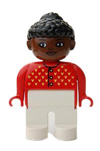Duplo Female - Female Duplo figure with white legs wearing a red sweater with yellow V stitching, black curly hair in a bun, and a brown head - 4555pb123
