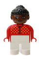 Duplo Figure, Female, White Legs, Red Sweater with Yellow V Stitching and Buttons, Black Curly Hair in Bun, Brown Head - 4555pb123