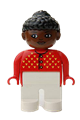 Female Duplo figure with white legs wearing a red sweater with yellow V stitching, black curly hair in a bun, and a brown head - 4555pb123
