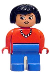 Duplo Figure, Female, Blue Legs, Red Top with Necklace, Black Hair 4555pb124