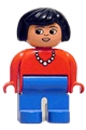 Duplo Figure, Female, Blue Legs, Red Top with Necklace, Black Hair - 4555pb124