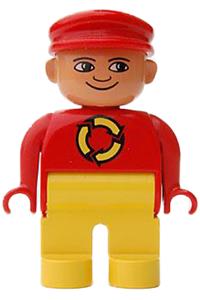 Duplo Figure, Male, Yellow Legs, Red Top with Recycle Logo, Red Cap, turned down Nose 4555pb125