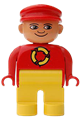 Duplo Figure, Male, Yellow Legs, Red Top with Recycle Logo, Red Cap, turned down Nose - 4555pb125