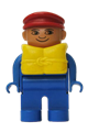 Duplo Figure, Male, Blue Legs, Blue Top, Life Jacket, Red Cap, no White in Eyes pattern - 4555pb126