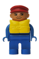 Male Duplo figure with blue legs and top, wearing a life jacket and red cap without white in eyes - 4555pb126