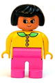 Duplo Figure, Female, Dark Pink Legs, Yellow Top with Dark Pink Buttons & Medium Green Collar, Black Hair - 4555pb127