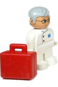 Duplo Male Medic - Male medic Duplo figure with gray hair and glasses wearing a white top and legs with EMT Star of Life pattern - 4555pb128