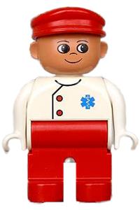 Duplo Male Medic - Male Duplo figure dressed as a medic with red legs, white top featuring EMT Star of Life pattern, and red cap - 4555pb129