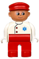 Male Duplo figure dressed as a medic with red legs, white top featuring EMT Star of Life pattern, and red cap - 4555pb129