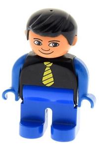 Duplo Figure, Male, Blue Legs, Black Top with Yellow Tie, Blue Arms, Black Hair, White in Eyes Pattern 4555pb131
