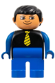 Duplo Figure, Male, Blue Legs, Black Top with Yellow Tie, Blue Arms, Black Hair, White in Eyes Pattern - 4555pb131