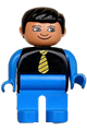Duplo Figure, Male, Blue Legs, Black Top with Yellow Tie,Blue Arms, Black Hair, no White in Eyes Pattern - 4555pb131a