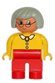 Duplo Figure, Female, Red Legs, Yellow Blouse with White Collar and 2 Buttons, Gray Hair, Glasses - 4555pb132