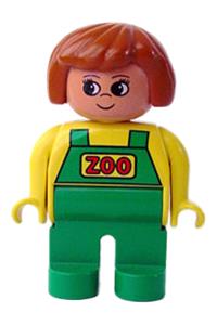 Duplo Female Zookeeper - Female Duplo figure in a yellow top with green overalls, dark orange hair, and green legs - 4555pb133