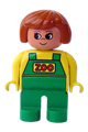 Duplo Figure, Female Zoo, Green Legs, Yellow Top with Green Overalls, Dark Orange Hair - 4555pb133