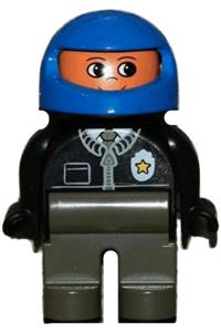 Duplo Figure, Male Police, Dark Gray Legs, Black Top with Zipper, Tie and Badge, Blue Racing Helmet 4555pb135