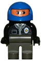 Duplo Figure, Male Police, Dark Gray Legs, Black Top with Zipper, Tie and Badge, Blue Racing Helmet - 4555pb135