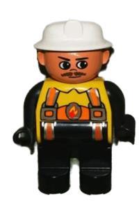 Duplo Male Fireman - Male Duplo fireman with black legs, yellow top with flame and orange suspenders, white fire helmet, and a moustache - 4555pb136