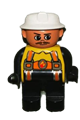Duplo Figure, Male Fireman, Black Legs, Yellow Top with Flame and Orange Suspenders, White Fire Helmet, Moustache - 4555pb136