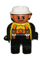 Male Duplo fireman with black legs, yellow top with flame and orange suspenders, white fire helmet, and a moustache - 4555pb136
