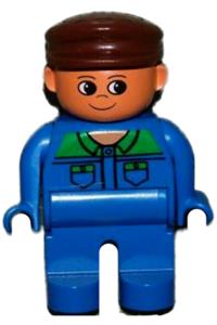 Duplo Male - Male Duplo figure with blue legs, wearing a blue top with green collar and pocket tabs, and a brown cap - 4555pb137