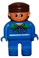 Duplo Figure, Male, Blue Legs, Blue Top with Green Collar and Pocket Tabs, Brown Cap - 4555pb137