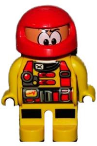 Duplo Male Action Wheeler - A male Duplo figure dressed as an Action Wheeler with yellow legs, a yellow top featuring a racer pattern, and a red racing helmet - 4555pb138