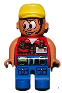 Duplo Figure, Male Action Wheeler, Blue Legs with Belt & Pockets, Red Vest with Wrench & ID, Yellow Cap 4555pb139