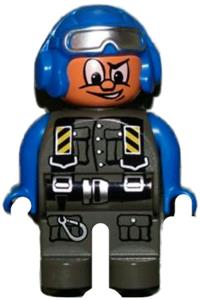 Duplo Male Action Wheeler - A male Duplo figure in a dark gray jumpsuit with blue arms, dark gray legs, and a blue aviator helmet with goggles - 4555pb140