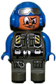 A male Duplo figure in a dark gray jumpsuit with blue arms, dark gray legs, and a blue aviator helmet with goggles - 4555pb140