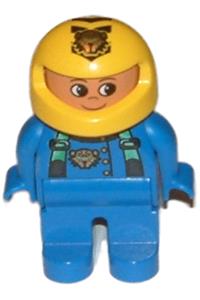 Duplo Male - Male Duplo figure with blue legs, wearing a blue top with green suspenders and a tiger logo, and a yellow helmet with a tiger - 4555pb141