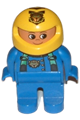 Duplo Figure, Male, Blue Legs, Blue Top with Green Suspenders and Tiger Logo, Yellow Helmet with Tiger - 4555pb141