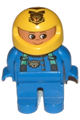 Male Duplo figure with blue legs, wearing a blue top with green suspenders and a tiger logo, and a yellow helmet with a tiger - 4555pb141