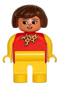 Duplo Female - Female Duplo figure with brown hair, yellow legs, yellow arms, red top with yellow polka dot scarf, nose, and white in eyes pattern - 4555pb142
