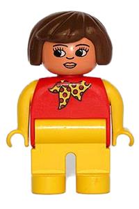 Duplo Female - Female Duplo figure with yellow legs, red top, yellow arms, and brown hair, wearing a yellow polka dot scarf - 4555pb142a