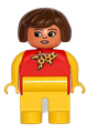 Female Duplo figure with yellow legs, red top, yellow arms, and brown hair, wearing a yellow polka dot scarf - 4555pb142a