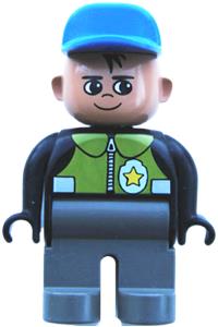Duplo Figure, Male Police, Dark Gray Legs, Black Top with Pale Green Vest and Police Badge, Blue Cap 4555pb143