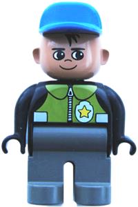 Duplo Male Police - Male police Duplo figure with dark gray legs, black top with pale green vest, police badge, and blue cap - 4555pb143