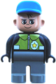 Duplo Figure, Male Police, Dark Gray Legs, Black Top with Pale Green Vest and Police Badge, Blue Cap - 4555pb143
