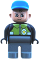 Male police Duplo figure with dark gray legs, black top with pale green vest, police badge, and blue cap - 4555pb143
