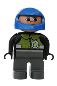 Duplo Male Police - Male Duplo police figure with dark gray legs, wearing a black top with pale green vest and police badge, and a blue helmet - 4555pb144
