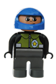 Duplo Figure, Male Police, Dark Gray Legs, Black Top with Pale Green Vest and Police Badge, Blue Helmet - 4555pb144