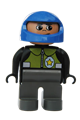 Male Duplo police figure with dark gray legs, wearing a black top with pale green vest and police badge, and a blue helmet - 4555pb144
