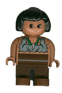 Duplo Figure, Female, Brown Legs, Tooth Necklace Pattern, Black Hair 4555pb145