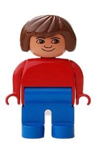 Duplo Female - Female Duplo figure with blue legs, red top, brown hair, eyelashes, and smiling with lips - 4555pb146